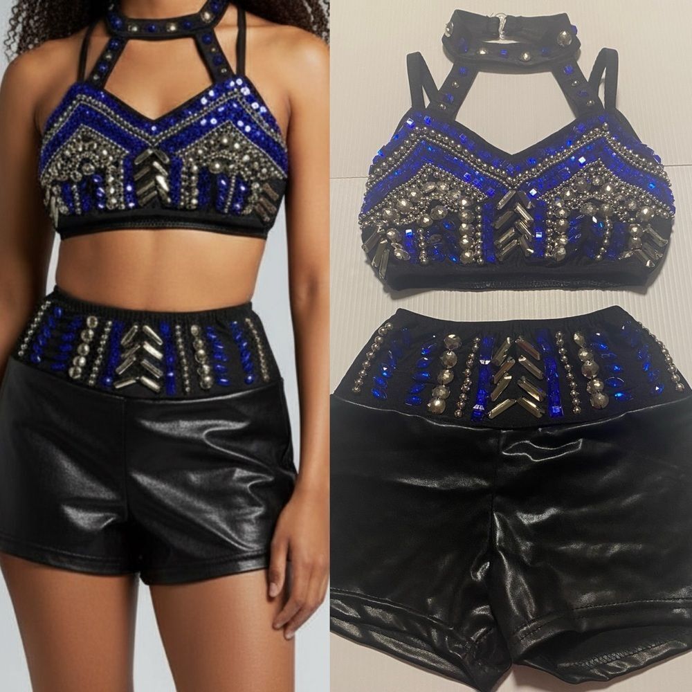 Glamour Dance solo costume mature faux leather studded rocker goth 2 piece LC